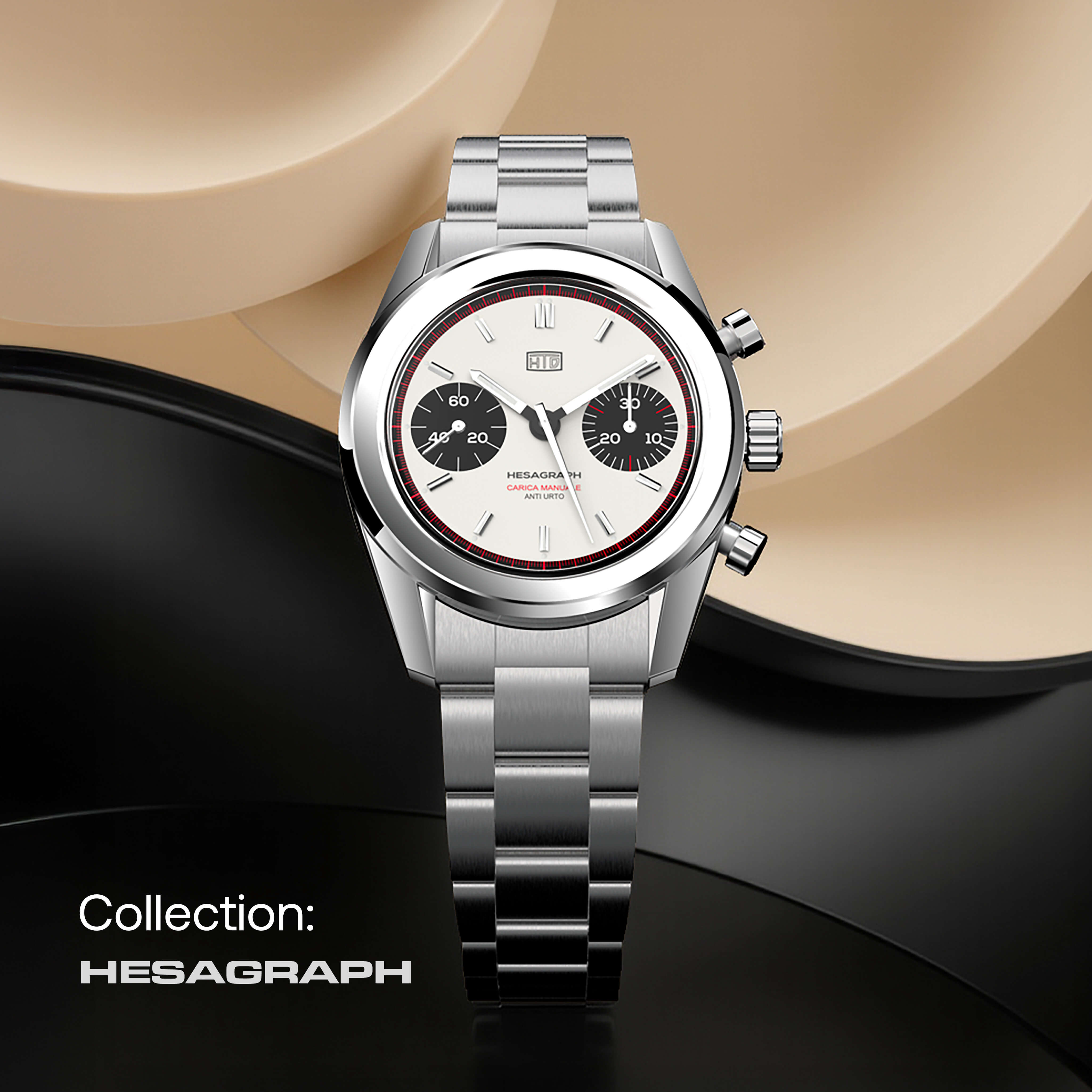 Orologio HTD Hesagraph collezione Cannoli, cronografo con quadrante bianco e contatori neri, cinturino in acciaio, presentato su sfondo beige e nero con logo Collection Hesagraph.
