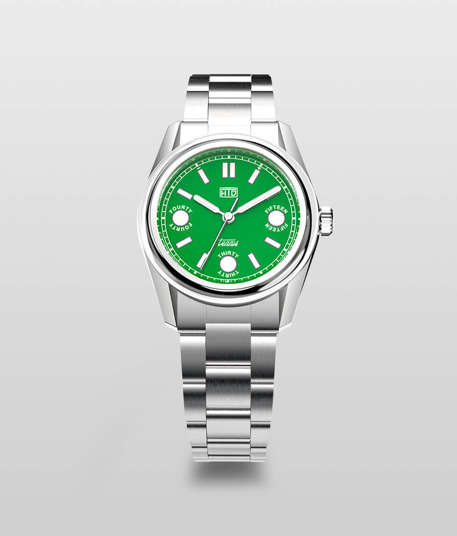 Orologio HTD Tennis Erba in acciaio con quadrante verde brillante, orologio sportivo ispirato ai campi in erba del tennis.