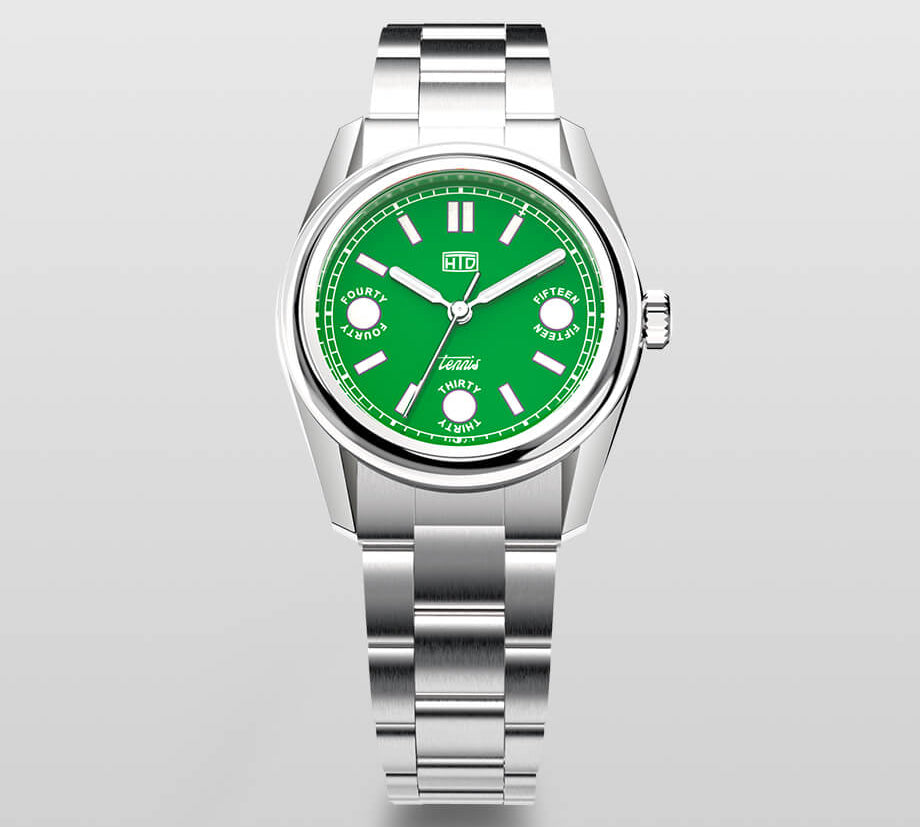 Orologio HTD Tennis Erba in acciaio con quadrante verde brillante, orologio sportivo ispirato ai campi in erba del tennis.