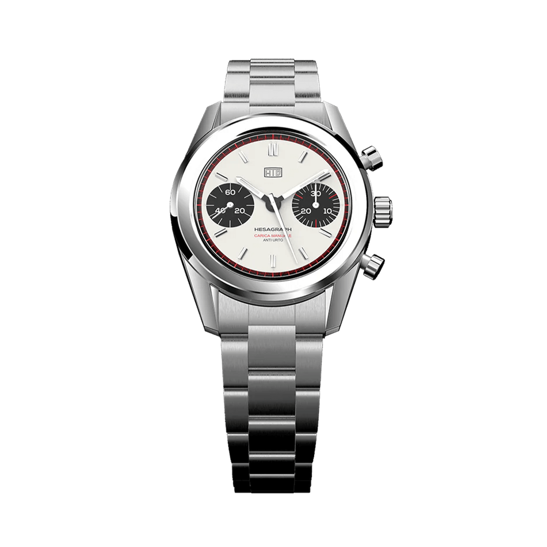 Orologio cronografo HTD Hesagraph in acciaio con quadrante bianco e contatori neri, fotografato frontalmente su sfondo bianco.