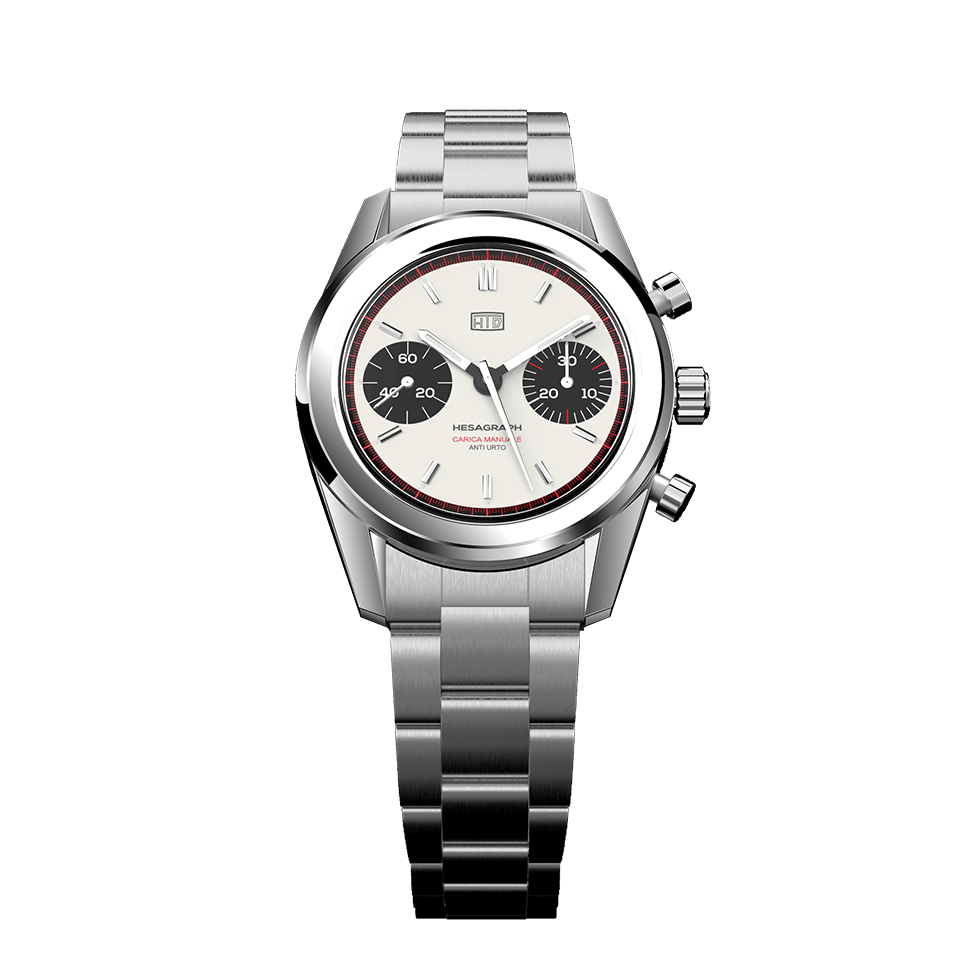 Orologio cronografo HTD Hesagraph in acciaio con quadrante bianco e contatori neri, fotografato frontalmente su sfondo bianco.