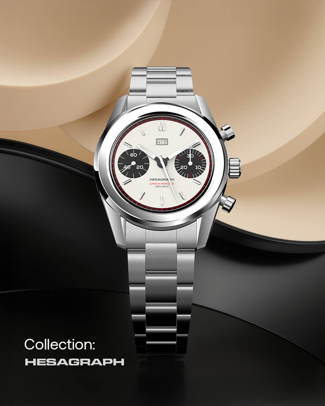 Orologio HTD Hesagraph collezione Cannoli, cronografo con quadrante bianco e contatori neri, cinturino in acciaio, presentato su sfondo beige e nero con logo Collection Hesagraph.
